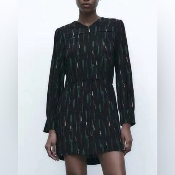 Zara "Gabriela" Abstract Printed Long Sleeve Short Dress Black Geometric Small - Picture 1 of 14